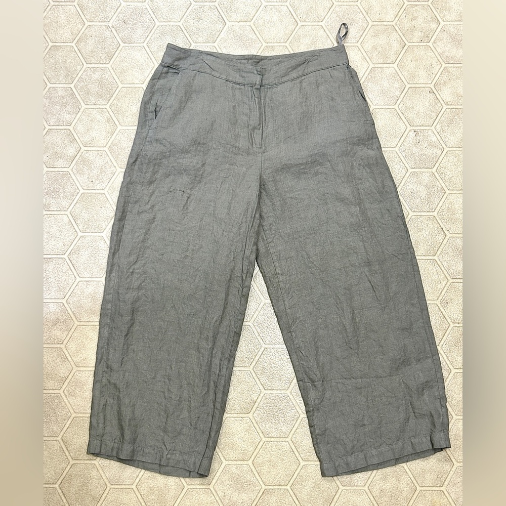 Women's Petite Medium Eileen Fisher Khaki Taupe Wide Leg Linen Pants
